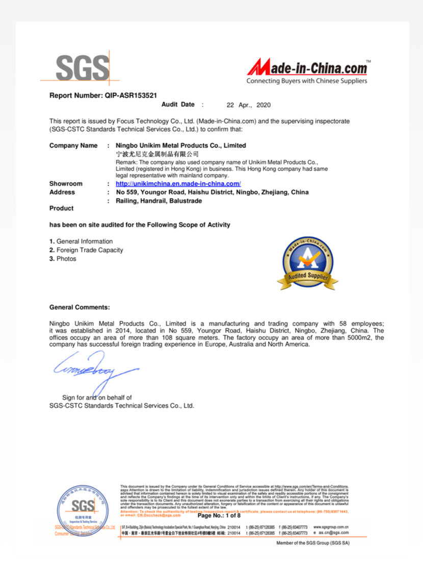 UNIKIM quality certificate