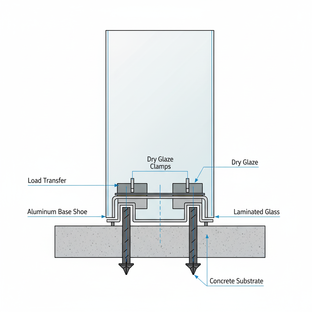 Diagram showing mounting methods of glass railing shoe systems