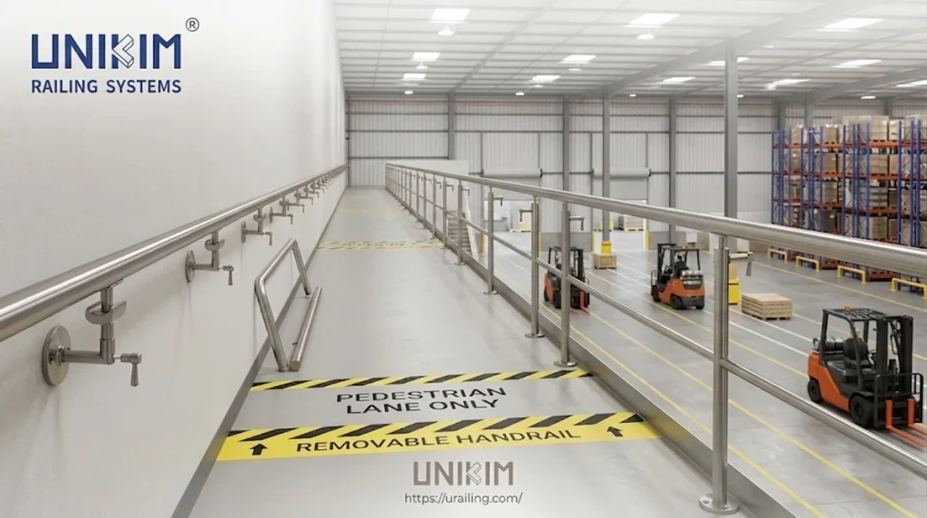 Removable handrail brackets on a commercial warehouse
