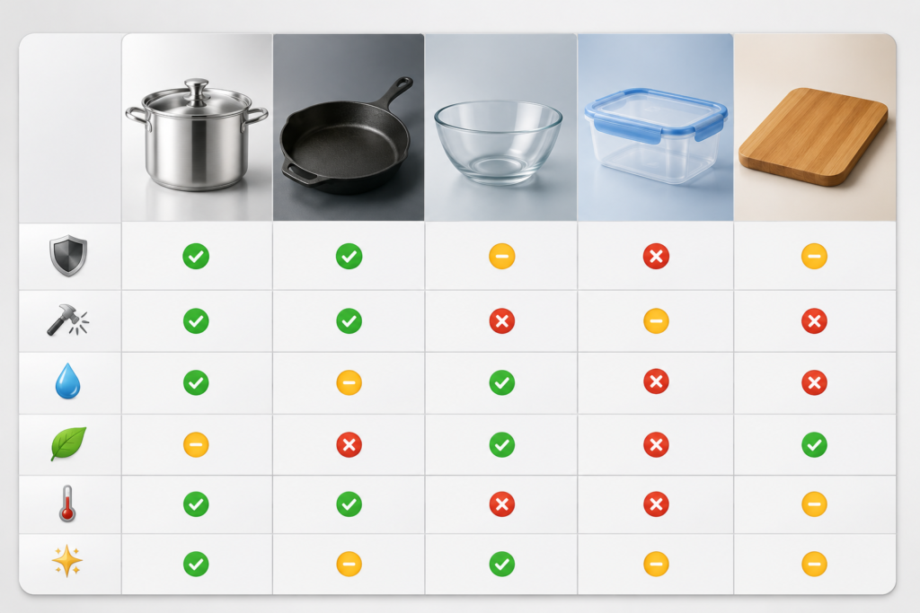 Comparison Table Stainless Steel vs Other Materials.
