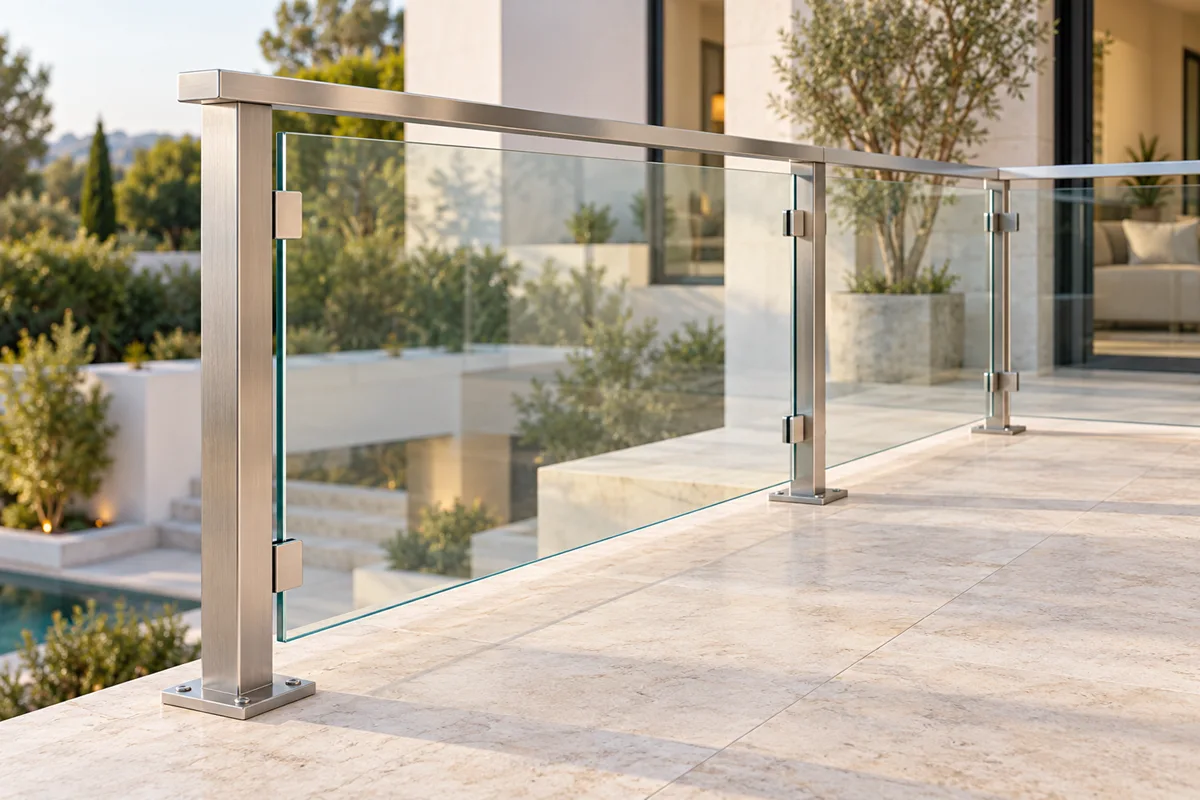 Installed glass railing on limestone terrace