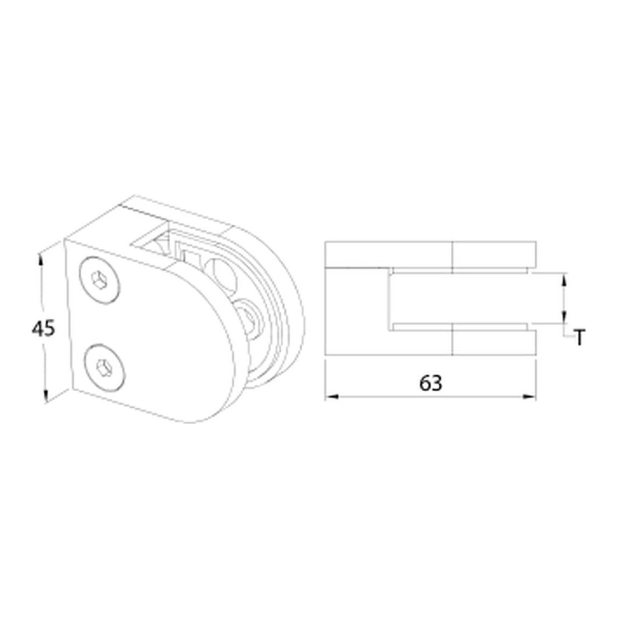 D-Shape Glass Clamp 63×45 mm MOD-2011 technical drawing – flat glass mount, dimensions in mm – UNIKIM railing hardware