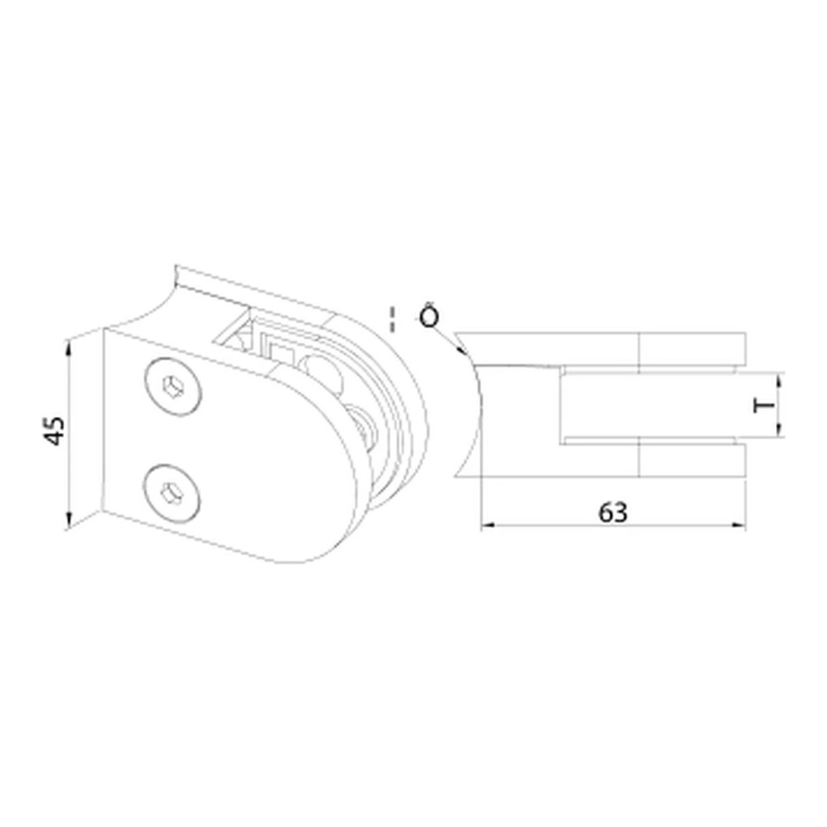 D-Shape Glass Clamp 63×45 mm MOD-2011 technical drawing – round tube mount, dimensions in mm – UNIKIM railing hardware