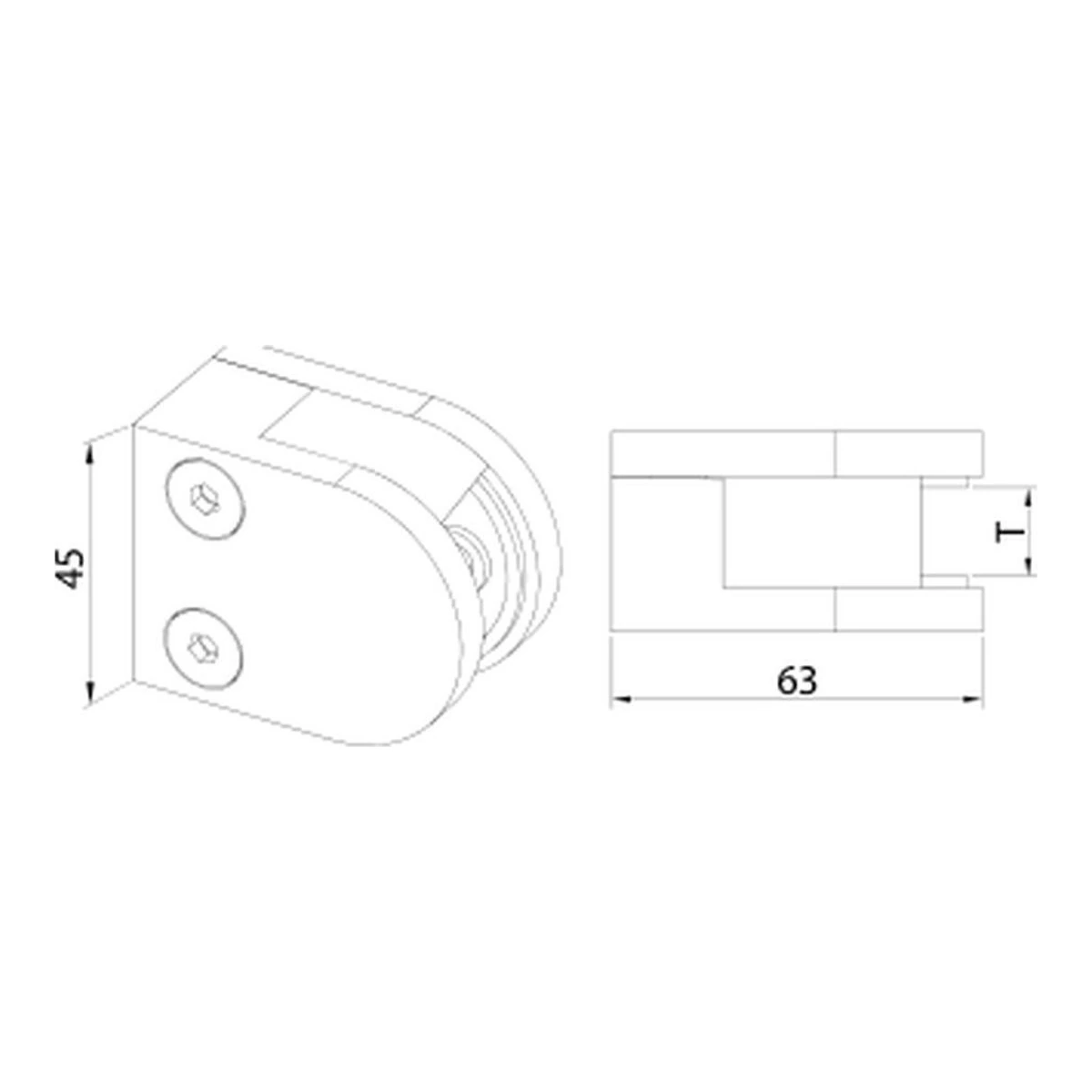 D-Shape Glass Clamp 63×45 mm MOD-2012 technical drawing – flat glass mount, dimensions in mm – UNIKIM railing hardware