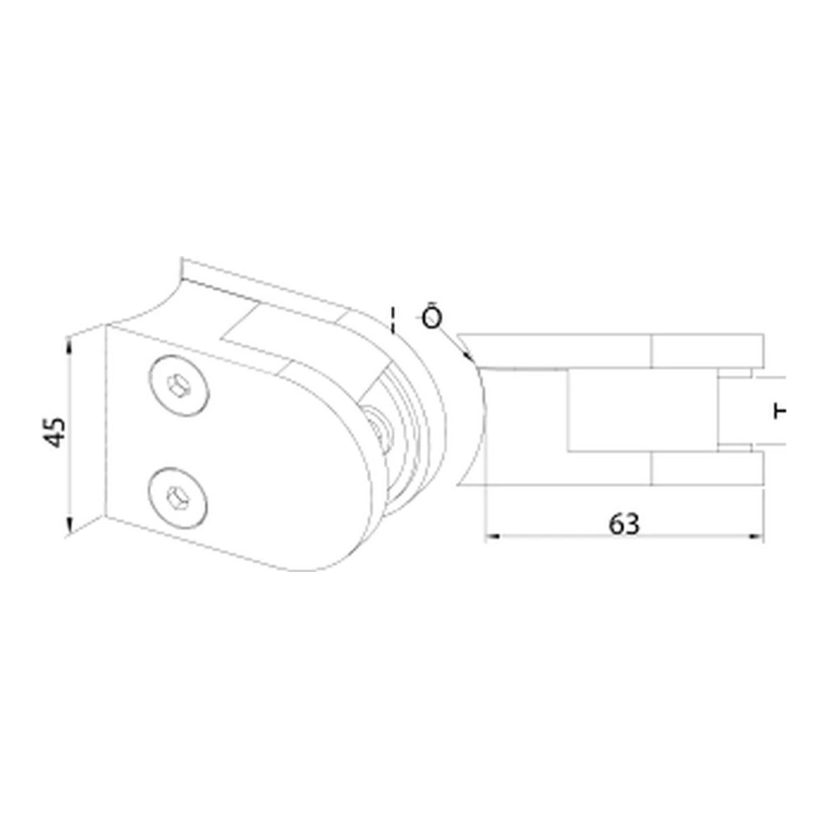 D-Shape Glass Clamp 63×45 mm MOD-2012 technical drawing – round tube mount, dimensions in mm – UNIKIM railing hardware