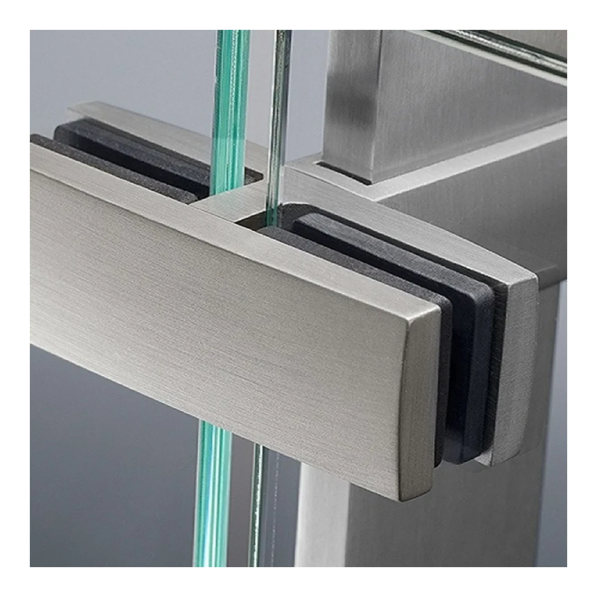 Double-sided rectangular glass clamp MOD-2053 installed on a stainless steel post, holding two glass panels – UNIKIM