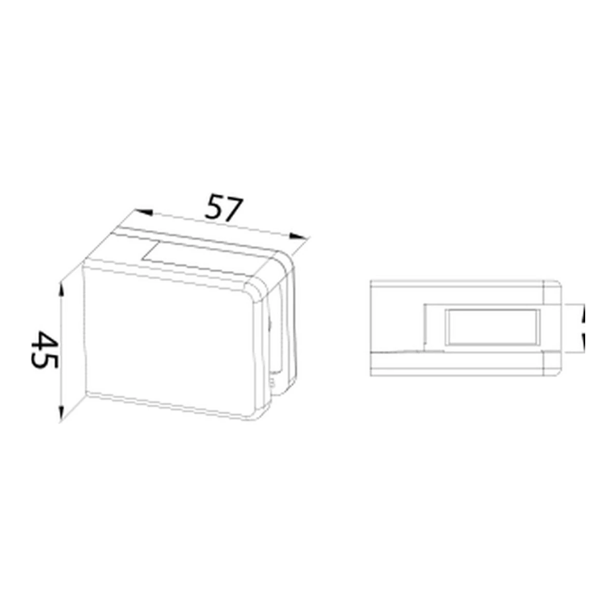 Rectangular Glass Clamp 57×45 mm MOD-2026 technical drawing – flat glass mount, dimensions in mm – UNIKIM railing hardware