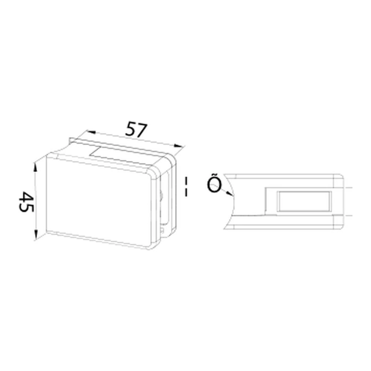 Rectangular Glass Clamp 57×45 mm MOD-2026 technical drawing – round tube mount, dimensions in mm – UNIKIM railing hardware