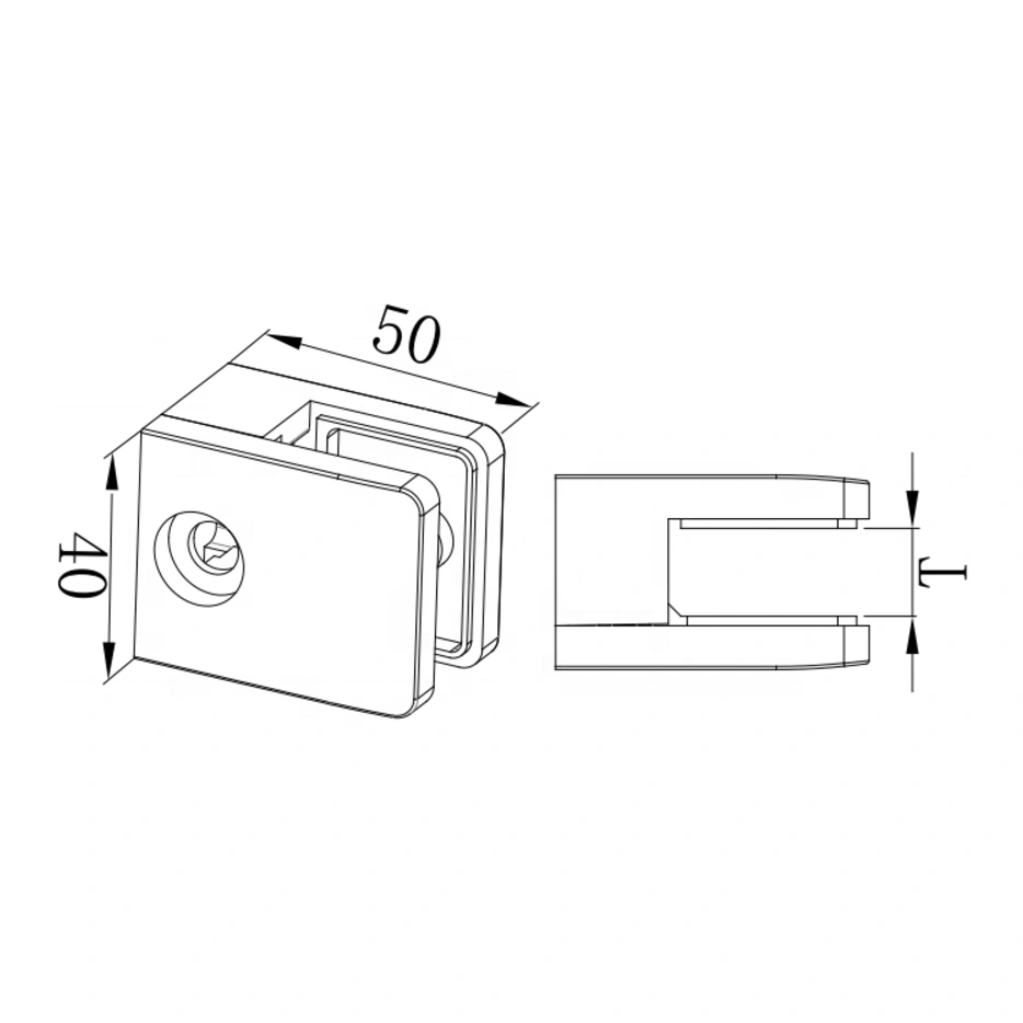 Single-sided rectangular glass clamp MOD-2052 technical drawing, 50 × 40 mm with glass slot T – UNIKIM railing hardware