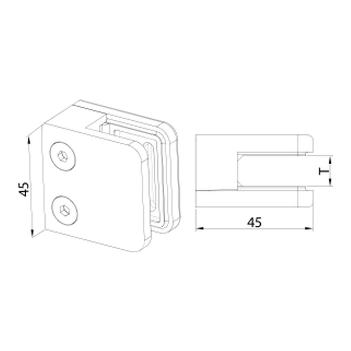 Square Glass Clamp 45×45 mm MOD-2025 technical drawing – flat glass mount, dimensions in mm – UNIKIM railing hardware