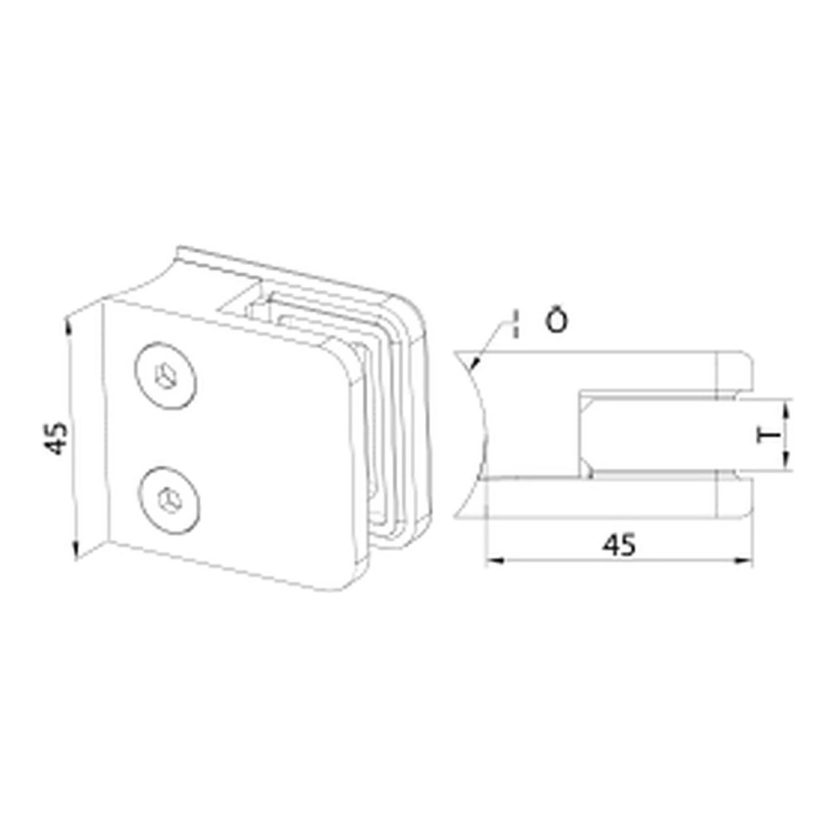 Square Glass Clamp 45×45 mm MOD-2025 technical drawing – round tube mount, dimensions in mm – UNIKIM railing hardware