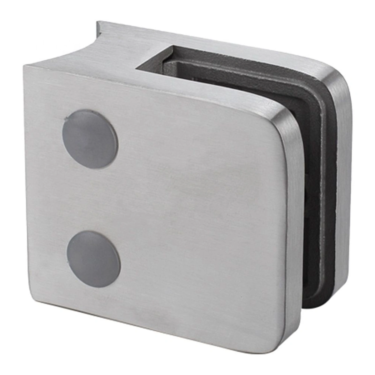 Square glass clamp with curved back for round tubes, brushed stainless steel
